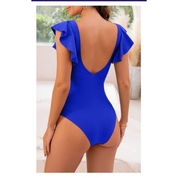B2prity Womens One Piece Swimsuit Ruffle Cutout Bathing Suit XL Blue Beach Pool - Picture 2 of 10